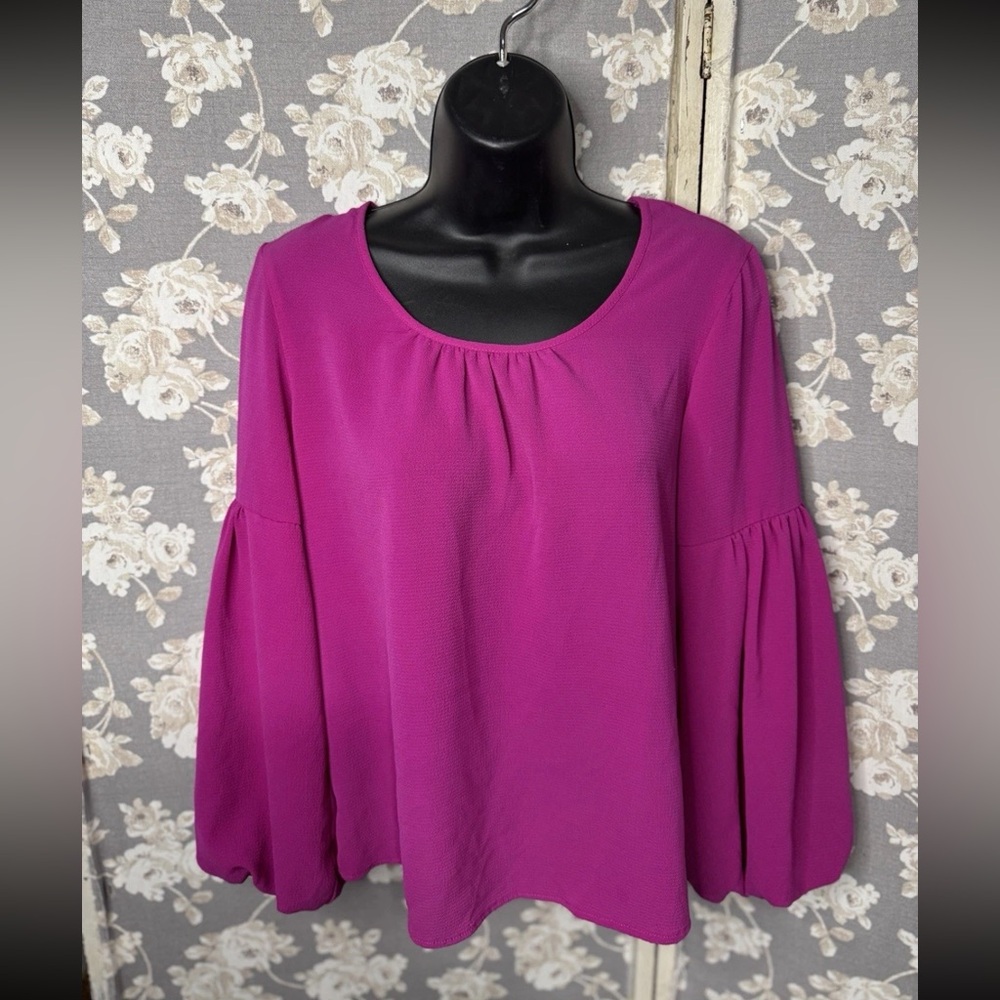 CeCe Size XS Women's Long Balloon Sleeve Round Neck Magenta Fuchsia Blouse Top